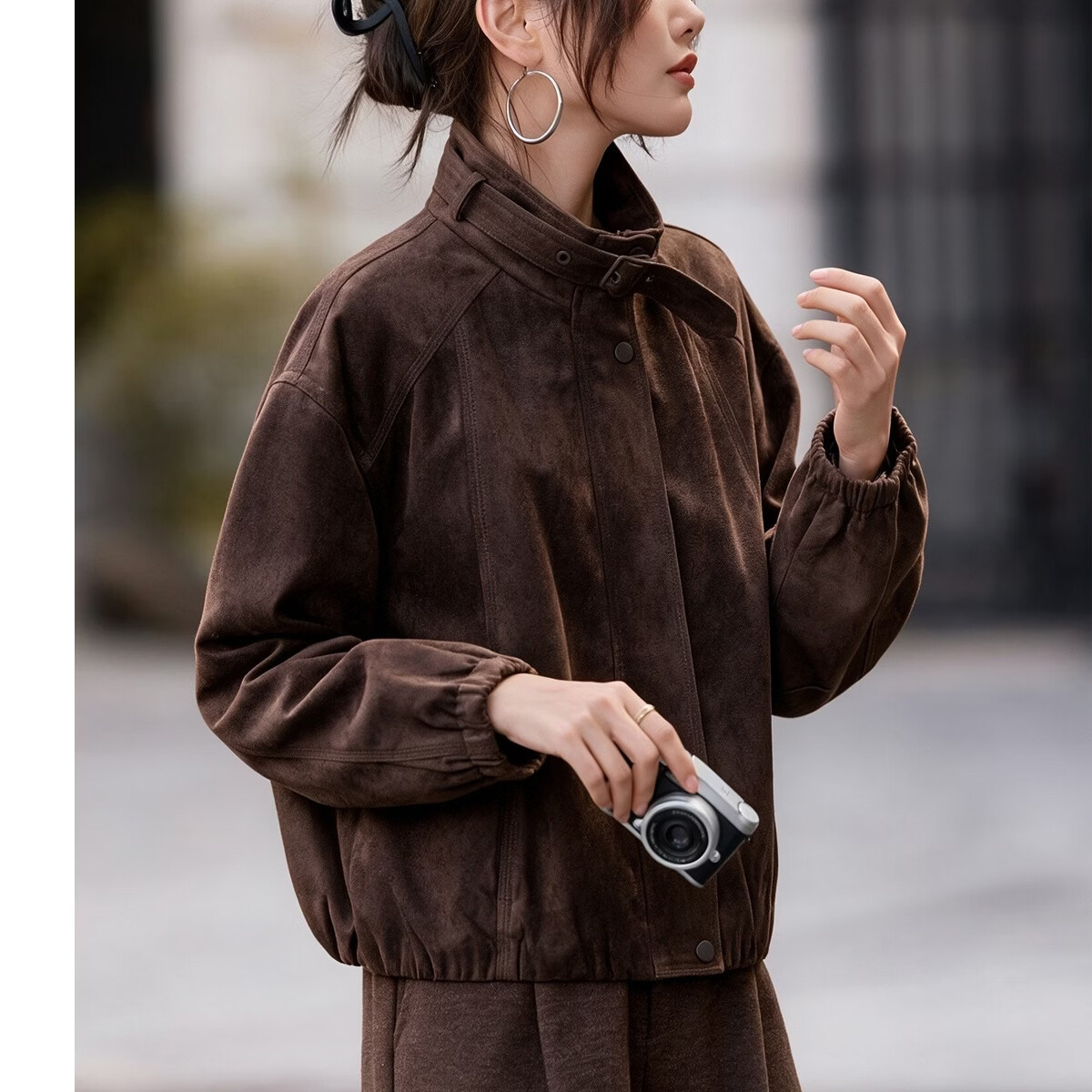 复古麂皮绒外套女2026春秋季韩版宽松拉链短款百搭休闲女夹克外套 咖啡色 M