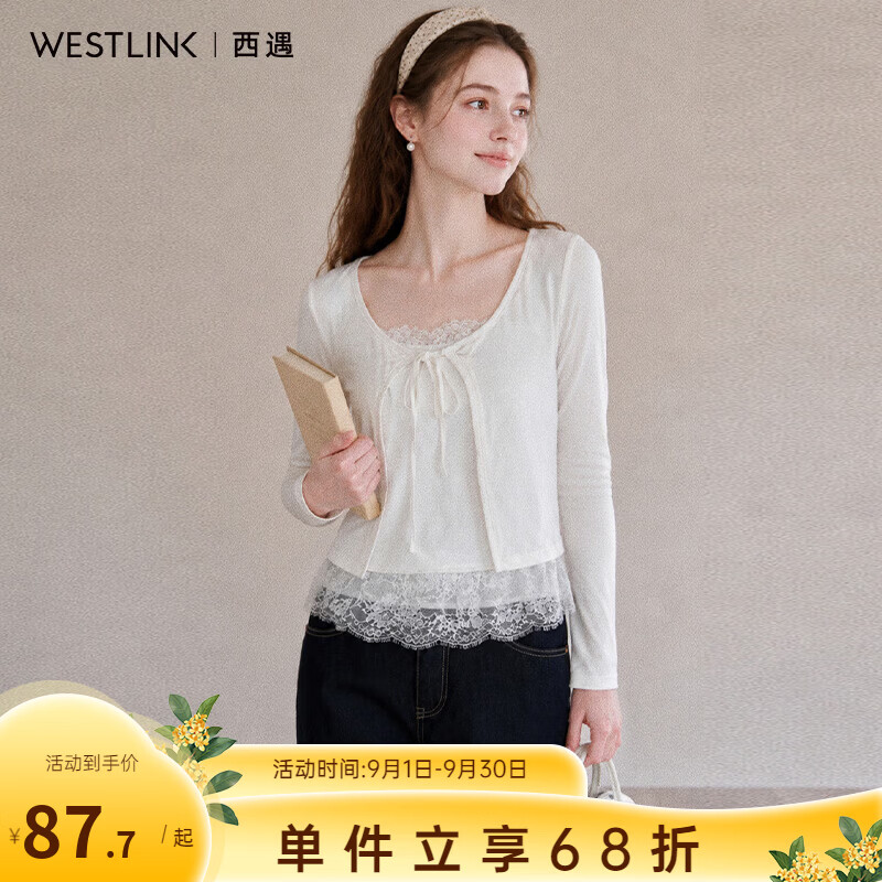 西遇（Westlink）蕾丝假两件上衣女2026秋季新款系带温柔风短款显瘦长袖针织衫 白色 付款15天 S (155)