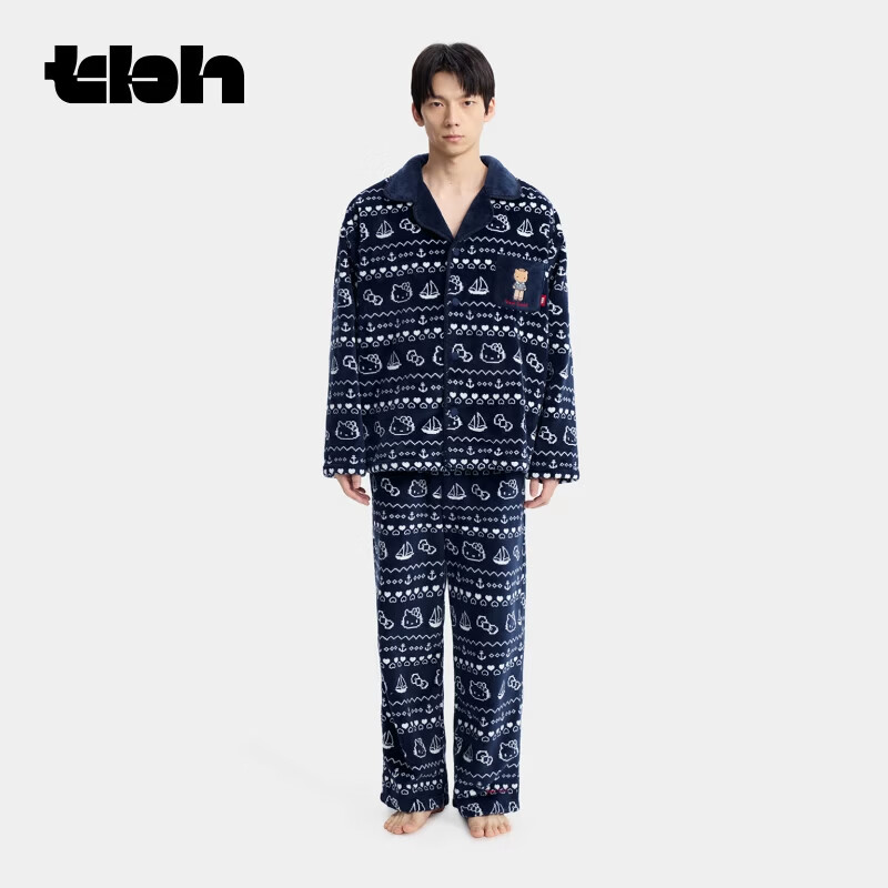 野兽派家居（tbh）长腿Hello Kitty法兰绒家居服套装可外穿情侣睡衣冬 Dear Daniel法兰绒家居服套装 深蓝费尔岛 XL