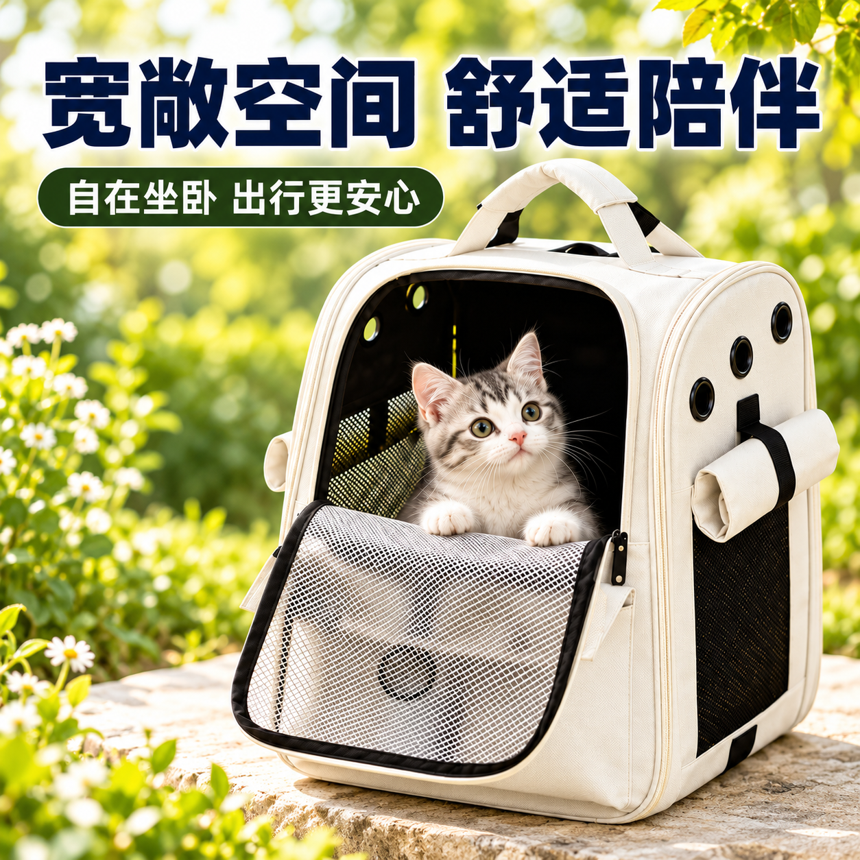 GERTHRON德国猫包外出便携包透气双肩书包四季通用立体大容量猫笼子外出包 米白色【升级侧开互动 防应激卷帘】双肩包 【全新升级第二代】适用18斤内猫咪 立体不塌