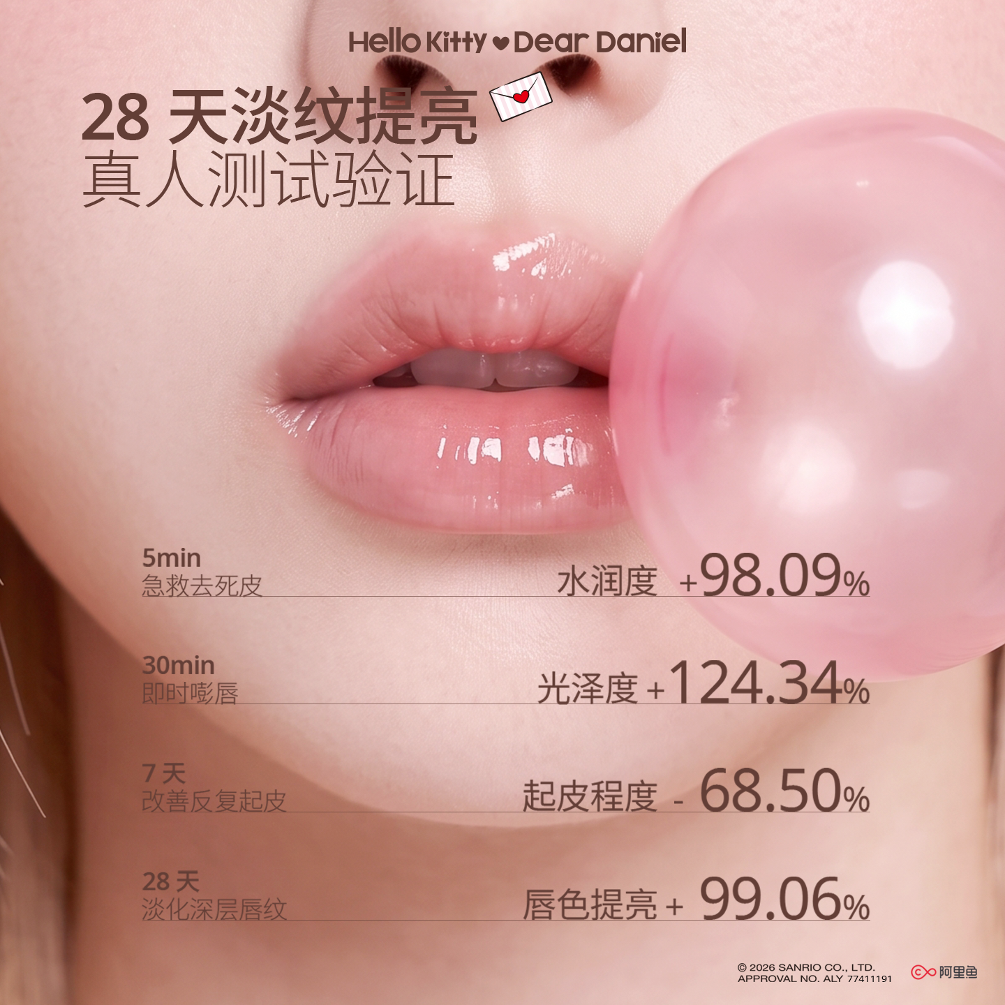 Hello Kitty日夜淡纹唇油膜挂件保湿滋润唇提亮润唇膏护唇釉唇蜜生日礼物 无色水光唇膜4g*1+棕色爱心挂件*1