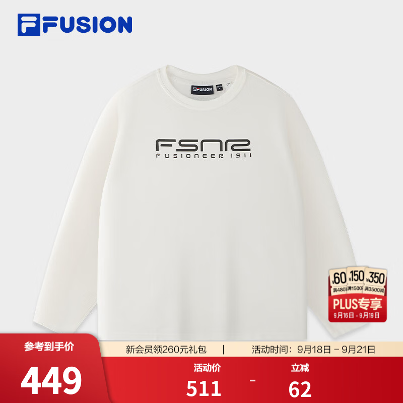 FILA FUSION潮牌长袖T恤26秋季新款男士针织休闲日常宽松长T 云白色-WT M 170/92A/M