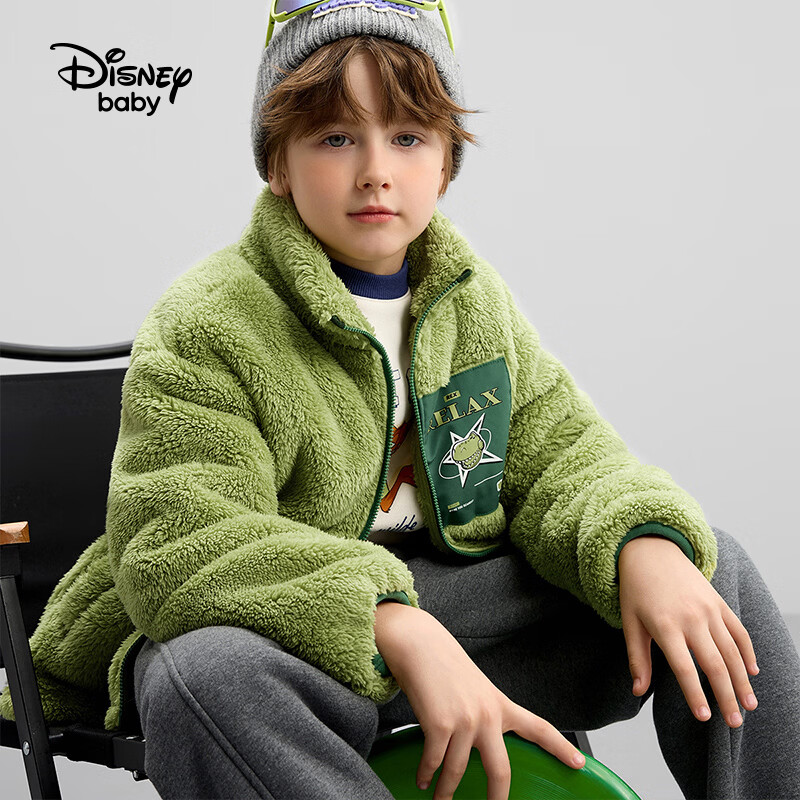 迪士尼(Disney)童装男女童撞色立领舒棉绒外套2026春秋冬儿童时尚保暖加厚上衣潮 深芥末绿 120 高115-125cm重40-50斤