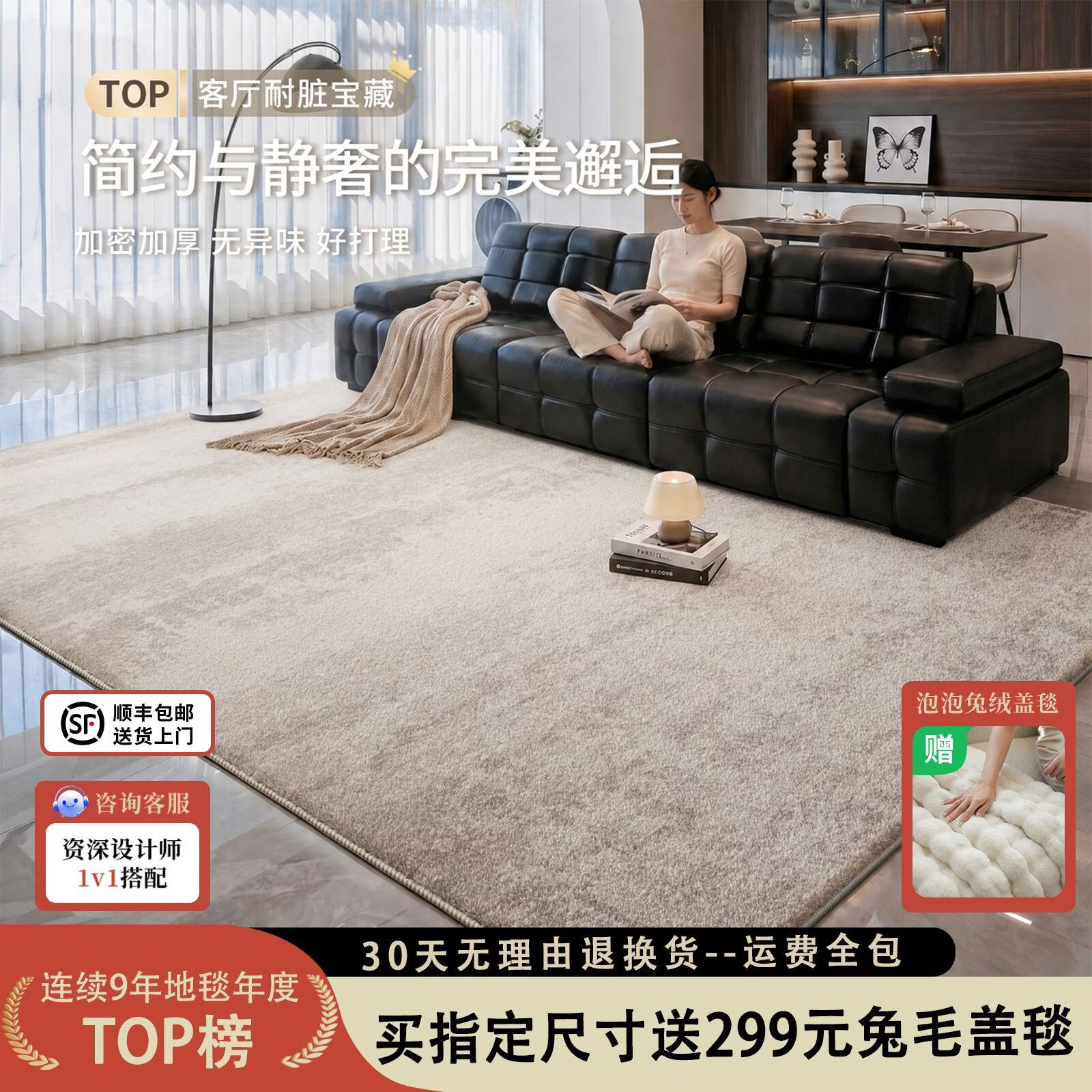 兴连心客厅地毯轻奢高级卧室床边毯免洗可擦2026新款意式极简地垫 谧光-透气S仿羊绒【可擦免洗 易清洁】 【毫米】2000 -  3000【3-4人沙发通用 】