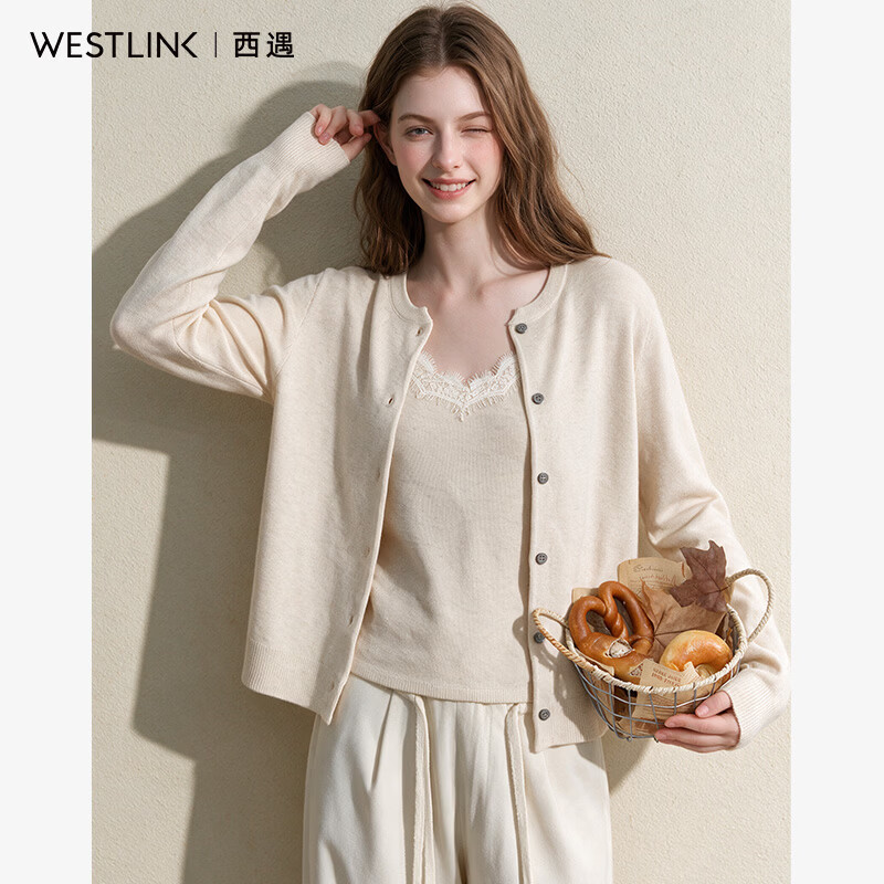 西遇（Westlink）【绵羊毛】2026秋新款纯色圆领长袖针织开衫外套上衣简约百搭 杏色 M (160)