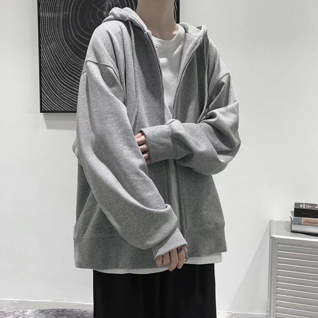 喜维顿春秋季开衫拉链卫衣男纯色连帽卫衣外套青年休闲百搭连帽薄款上衣 【黑色】开衫卫衣外套(加绒) 5XL (建议170-190斤)