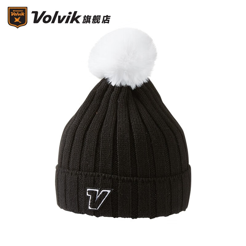 VOLVIK高尔夫球帽运动女士冬帽毛球针织套头帽 黑色