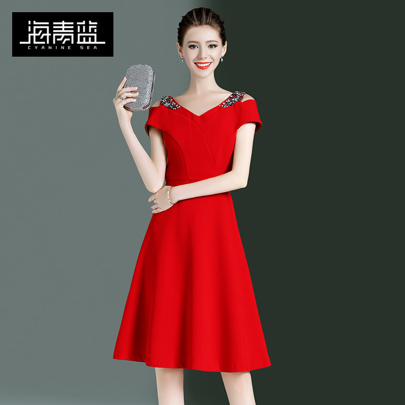 海青蓝(cyanine sea)服饰夏季新款女装时尚露肩a字裙v领显瘦镶钻