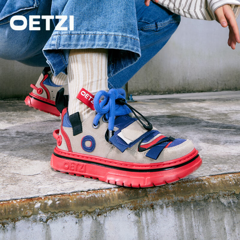 OETZI冰人奥兹 男鞋丑萌机能风板鞋情侣低帮厚底大头休闲潮鞋 米色/红色/蓝色T22340214 43