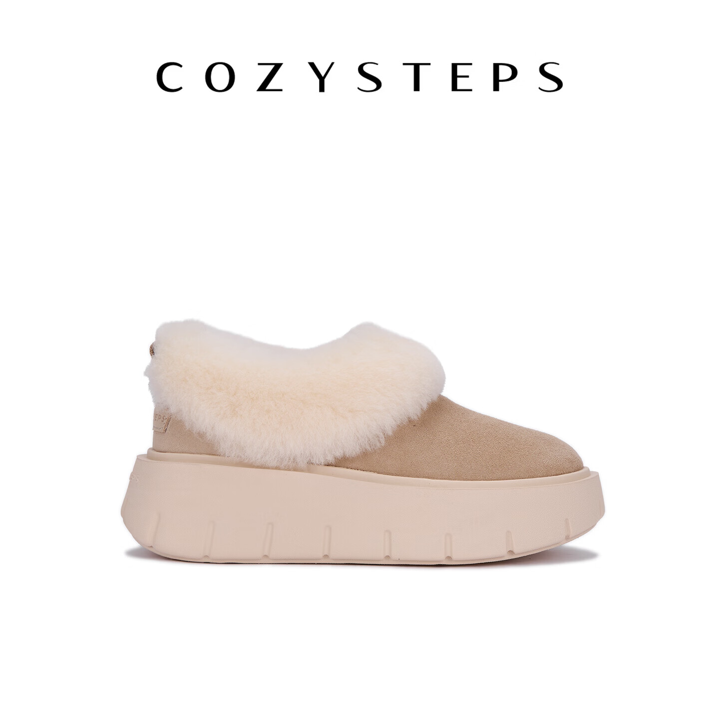 COZY STEPS可至女士26冬季新款羊皮毛一体穆勒厚底饼干拖保暖雪地靴 浅沙色 38