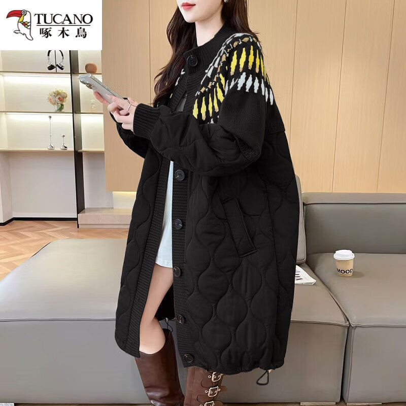 啄木鸟(TUCANO)大码棉衣拼接毛衣开衫女中长款过膝外穿秋冬新款宽松慵懒棉服外套 咖色 均码 【90-160斤】