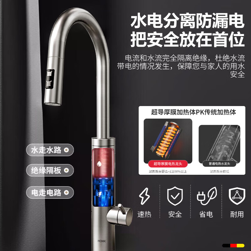 HOMK【精工】电热水龙头抽拉式304不锈钢机身变频恒温即热式洗菜盆厨房电热水器小厨宝冷热龙头 拉丝银-漏保款【变频 恒温】旋转抽拉+分离水电 变频恒温丨防锈防爆丨万向抽拉
