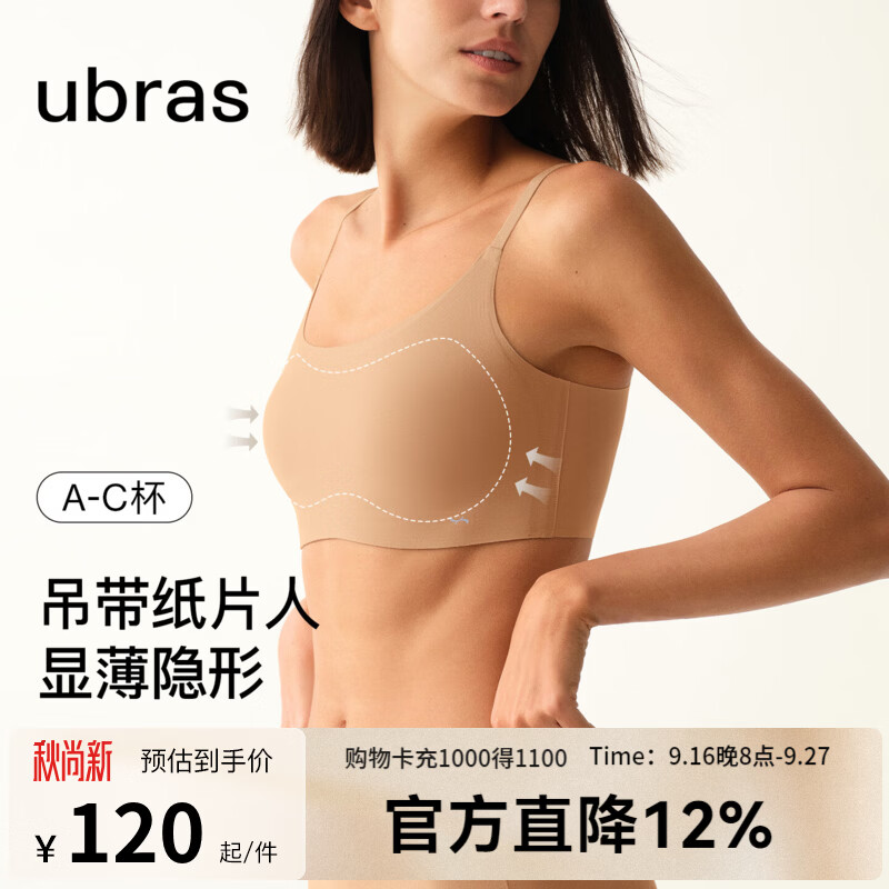 ubras26新款无尺码纸片人小奶皮大胸显小细肩带吊带背心文胸无痕隐形 【吊带款】隐形肤色 均码 标准 100-130斤/A-C杯