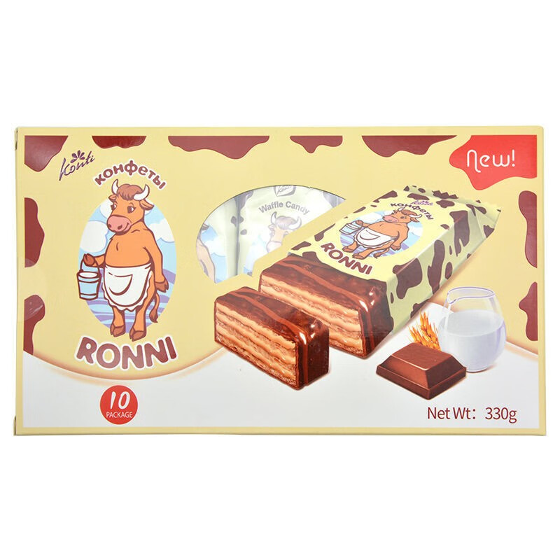 konti康吉俄罗斯进口罗尼大牛巧克力味威化饼干330g