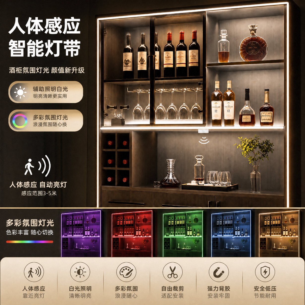 水母云(JELLYFISH TUR)人体感应智能LED灯带 过道走廊玄关床底楼梯氛围线性灯条起夜伴侣 5米感应灯带套装【含电源控制器/不可延长/裸灯板】