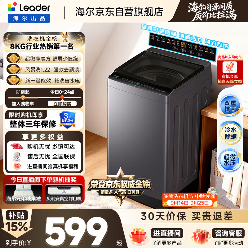 海尔（Haier）出品统帅全自动波轮洗衣机 出租房8.2公斤一级能效家用 京东自营以旧换新国家补贴XQBL82-M20D1