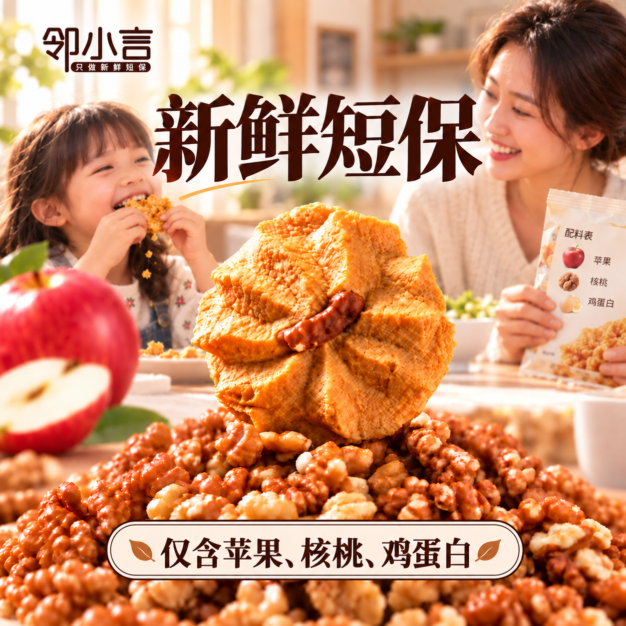 邻小言苹果核桃仁膳食纤维饼干办公室即食糕点早餐零食整箱42包源头直发