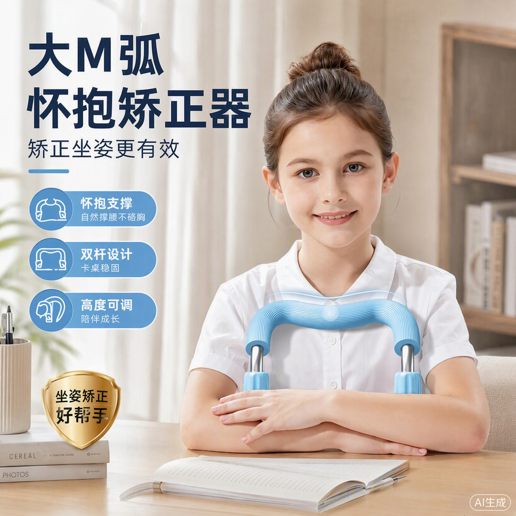 猫太子坐姿矫正器小学生桌面款护栏写字姿势儿童防近视写作业学习 新升级【护栏怀抱矫正器】冰川蓝+握笔器2个