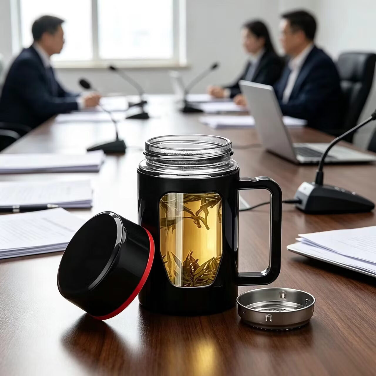 商务办公室泡茶双层隔热玻璃杯男女士家用茶水分离喝水杯子带把手 商务黑 图 6