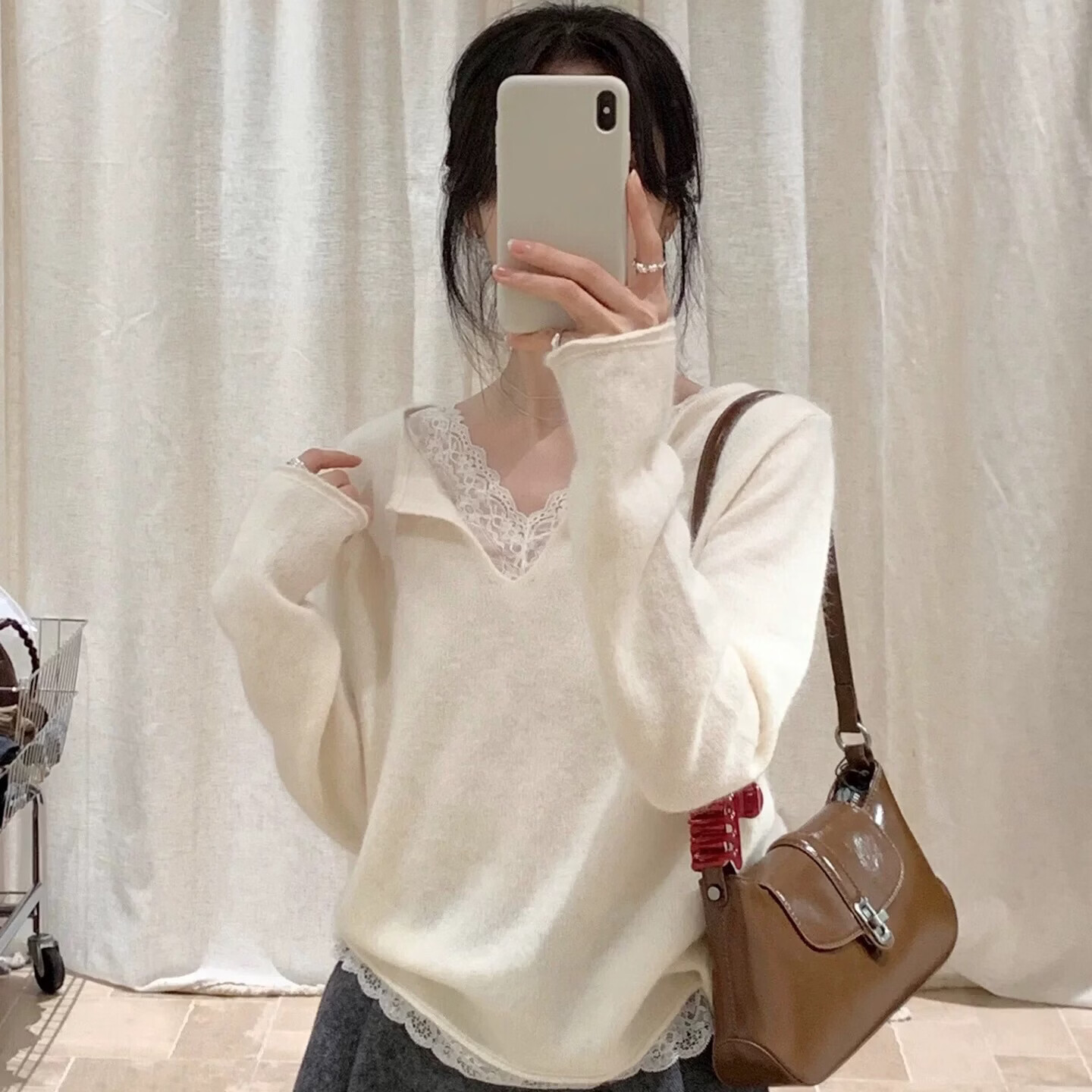 XZ-322蕾丝拼接V领毛衣女秋冬内搭打底衫设计感小众慵懒风毛线 白色 常规 xz-322 XL