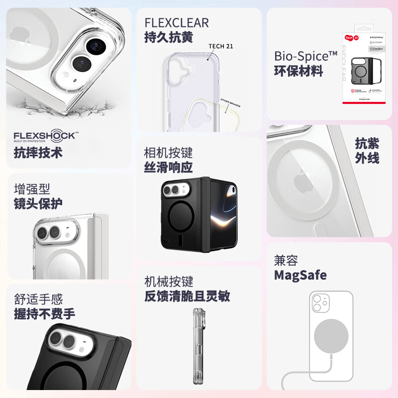 TECH21【苹果合作品牌】新款EvoClear系列苹果iPhone Duo折叠屏手机壳 一体式防摔抗黄磁吸保护套 超耐用 黑色
