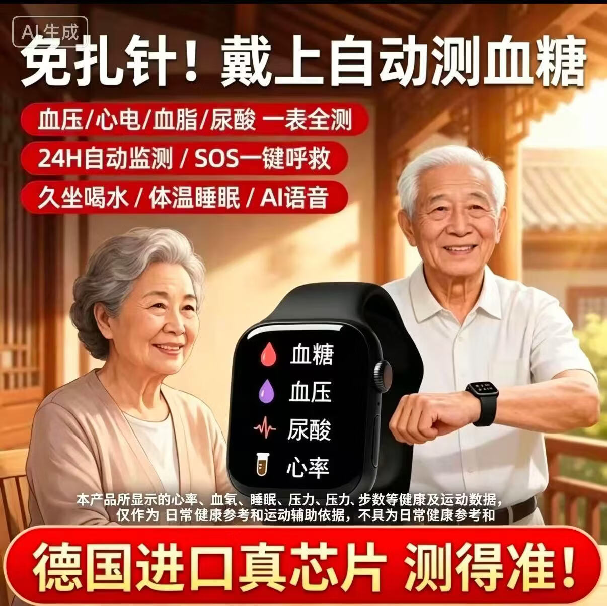 2026新款德国测血糖血压尿酸智能手环手表无创免扎针中老年人H 至尊黑色 顶配版【2026新款芯
