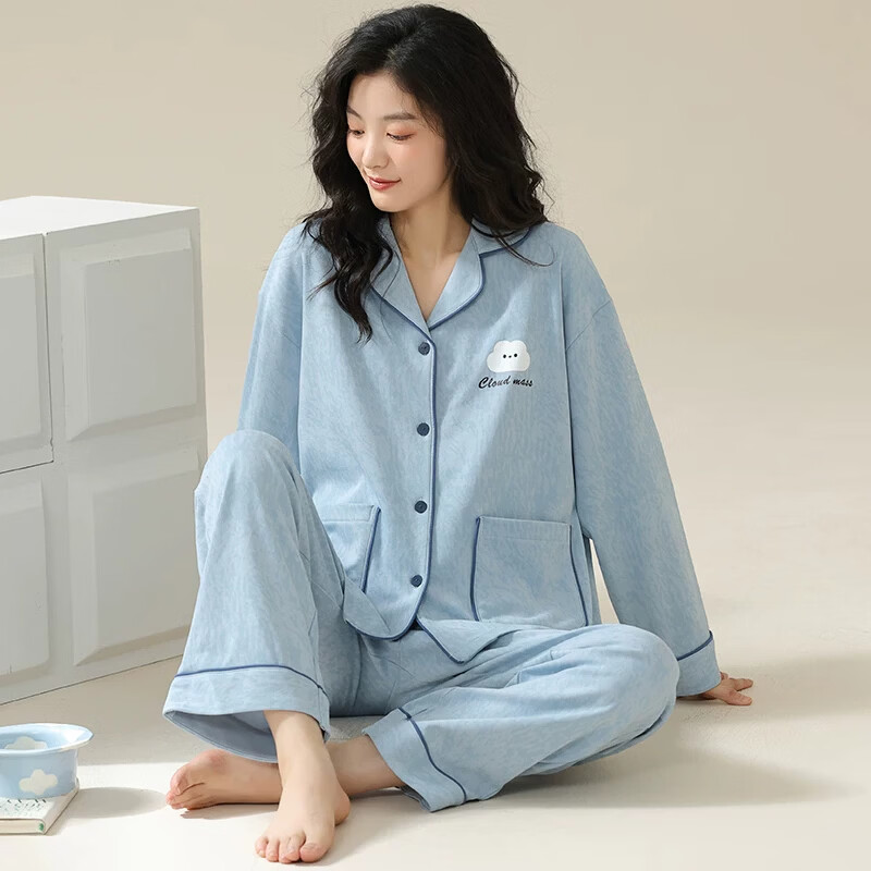 猫人纯棉睡衣女带胸垫春秋新款长袖翻领高级可外穿家居服大码套装 杏绿色【纯棉亲肤 | 自带胸垫】 L 推荐体重100-120斤