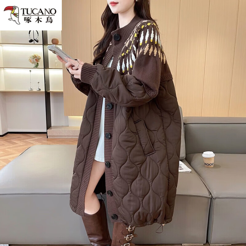啄木鸟(TUCANO)大码棉衣拼接毛衣开衫女中长款过膝外穿秋冬新款宽松慵懒棉服外套 咖色 均码 【90-160斤】
