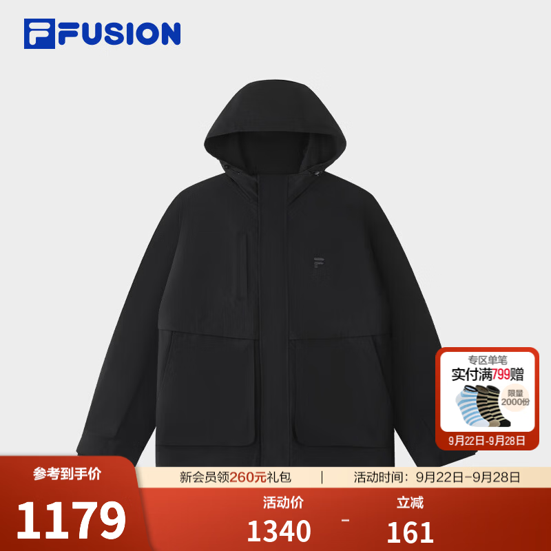 FILA FUSION斐乐潮牌梭织外套男2026冬新款休闲宽松连帽工装上衣 正黑色-BK L 175/96A/L