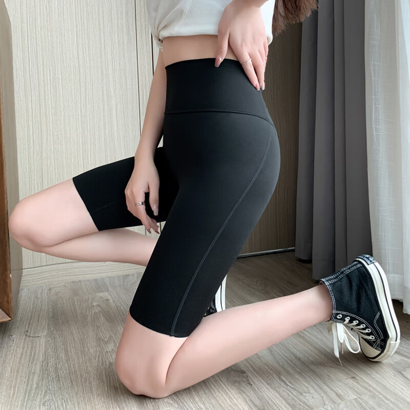 五分鲨鱼皮打底裤女运动短裤跑步健身外穿夏季紧身高腰瑜伽裤 黑色 S