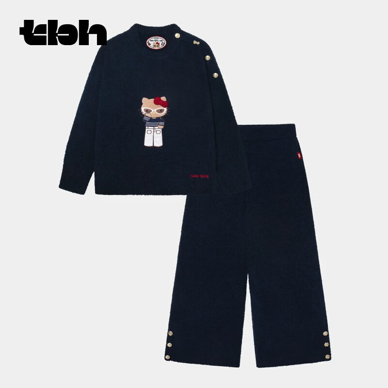 野兽派家居（tbh）长腿Hello Kitty半边绒刺绣家居服可外穿情侣睡衣女冬 Hello Kitty半边绒刺绣家居服 长裤套装 海军蓝 XS