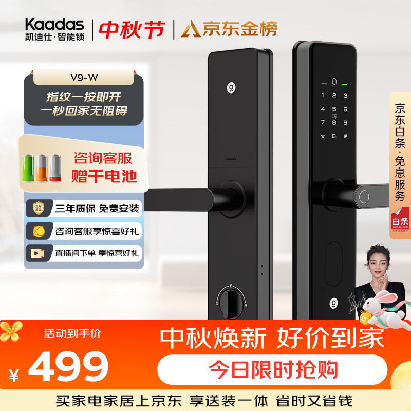 凯迪仕（KAADAS）智能门锁 指纹识别 防盗门锁密码锁 入户门电子智能锁 V9-W