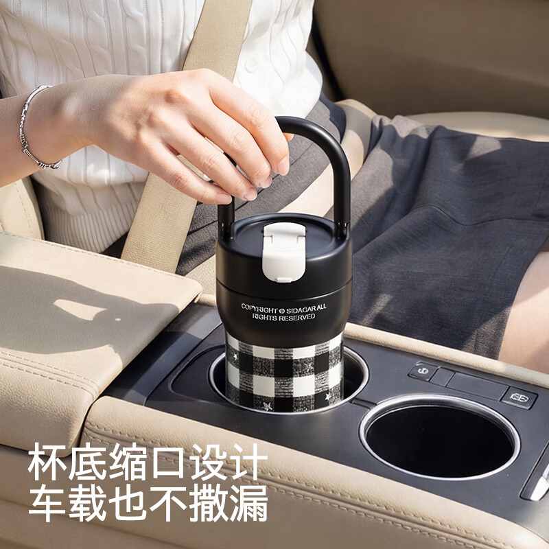 世大家保温杯女吸管杯高颜值大容量户外便携提手办公室咖啡杯子 花甸粉格【内喷陶内胆+吸管口】 680ML