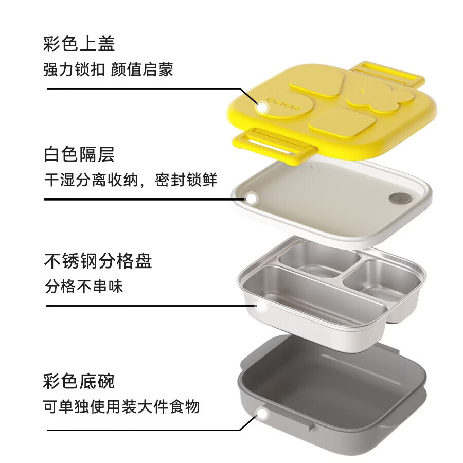 奥克兔兔（Octoto）小学生饭盒宝宝餐盘316L不锈钢保温便携餐具多功能儿童外出 【三格餐盘+叉勺】黄色