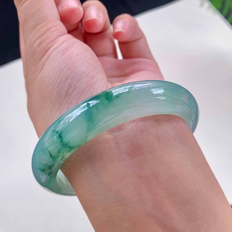 逸之璟 缅甸老坑a货冰种飘绿正圈平安镯手镯女57圈口