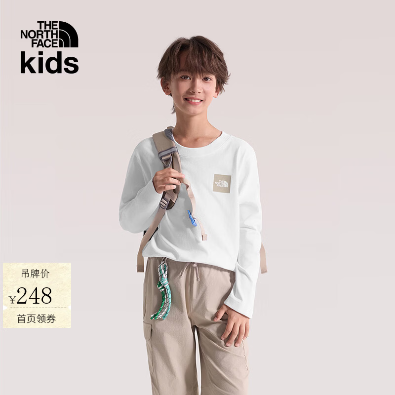 北面（The North Face）儿童长袖T恤打底衫上衣秋装秋衣男女大童纯棉运动透气新款|8JM9 FN4/雪峰白 160 (XL)