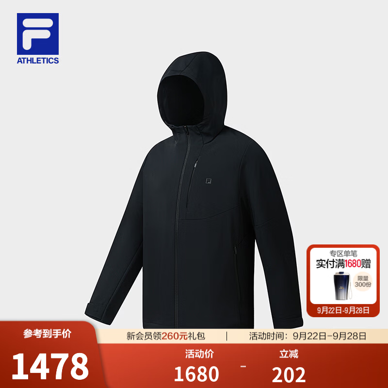 FILA 斐乐官方男士梭织外套2026冬新款健身运动加绒修身连帽上衣 深黑-BK L 175/96A/L