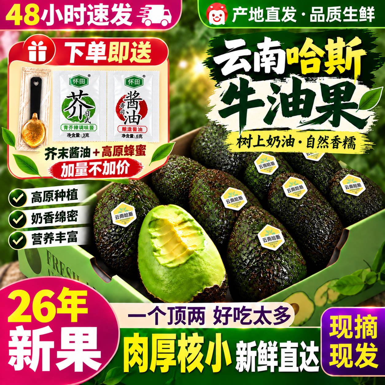 南阙2026云南牛油果当季新鲜鳄梨树熟大果营养丰富宝宝辅食孕妇水果 单果40g-70g 10个装(送蜂蜜+芥末酱油) 京东折扣/优惠券