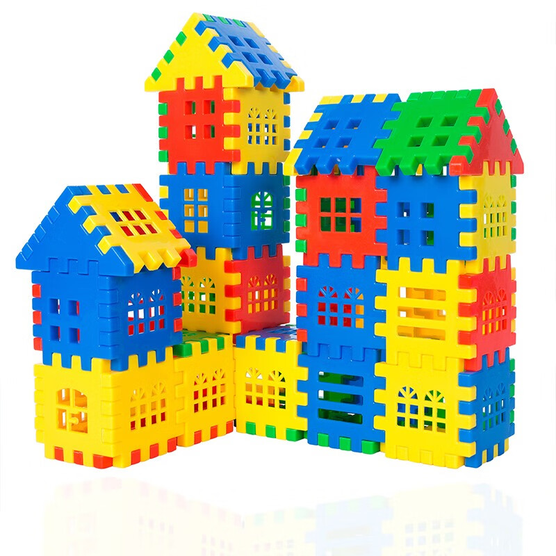 艾福儿积木玩具3-6周岁大块塑料房子拼装插女孩男宝宝1-2岁儿童玩具 60片房子积木袋装+图纸