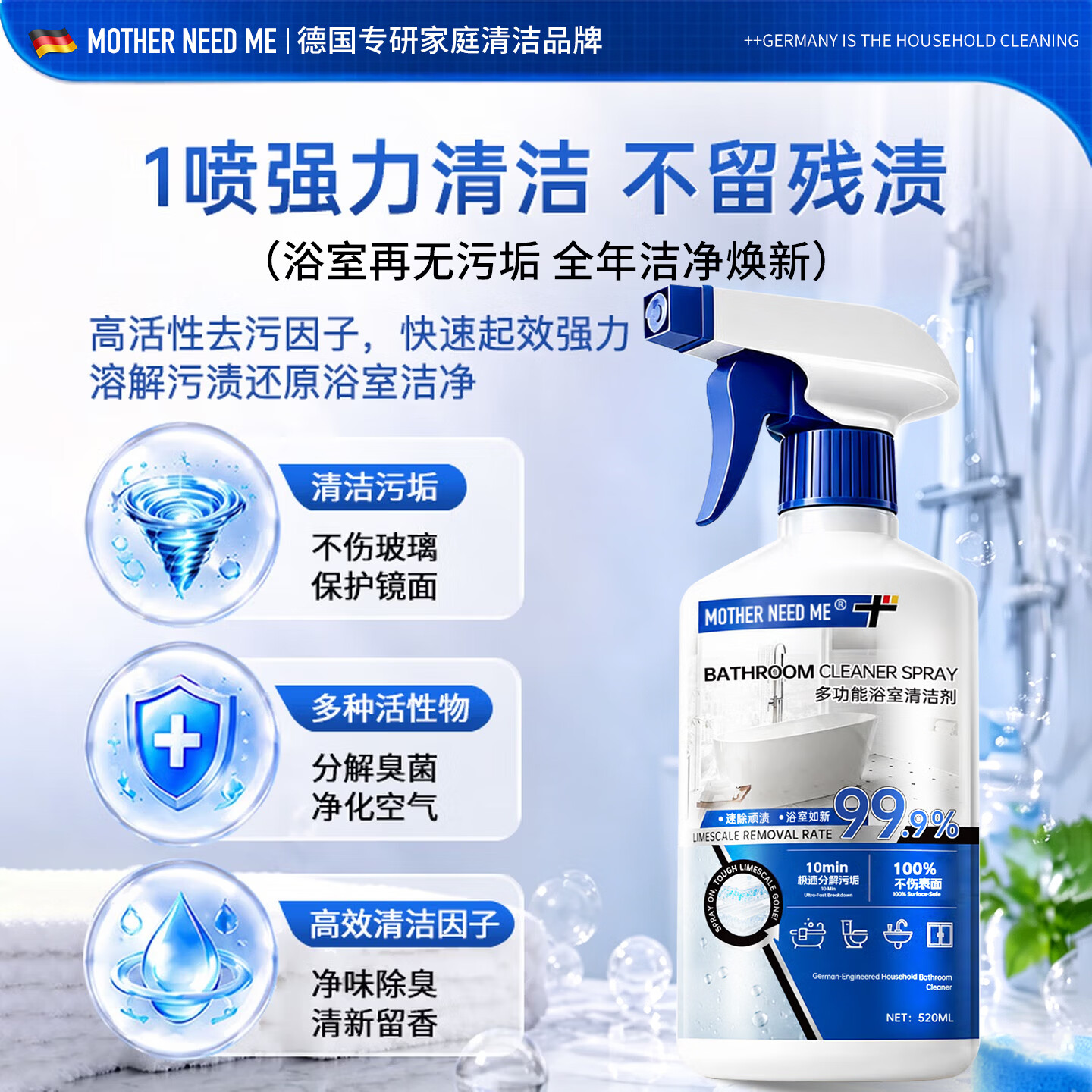 MOTHER NEED ME浴室清洁剂多功能玻璃厕所马桶卫生间强力除垢去污除水垢 2瓶 Doppelpack【顽固水垢 强力去渍】