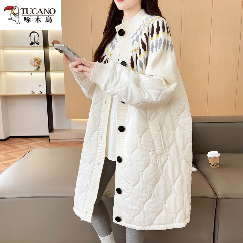 啄木鸟(TUCANO)大码棉衣拼接毛衣开衫女中长款过膝外穿秋冬新款宽松慵懒棉服外套 咖色 均码 【90-160斤】