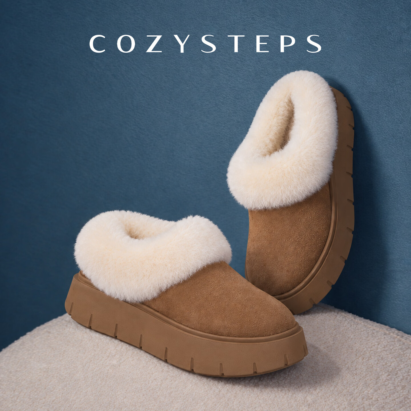 COZY STEPS可至女士26冬季新款羊皮毛一体穆勒厚底饼干拖保暖雪地靴 栗色 35