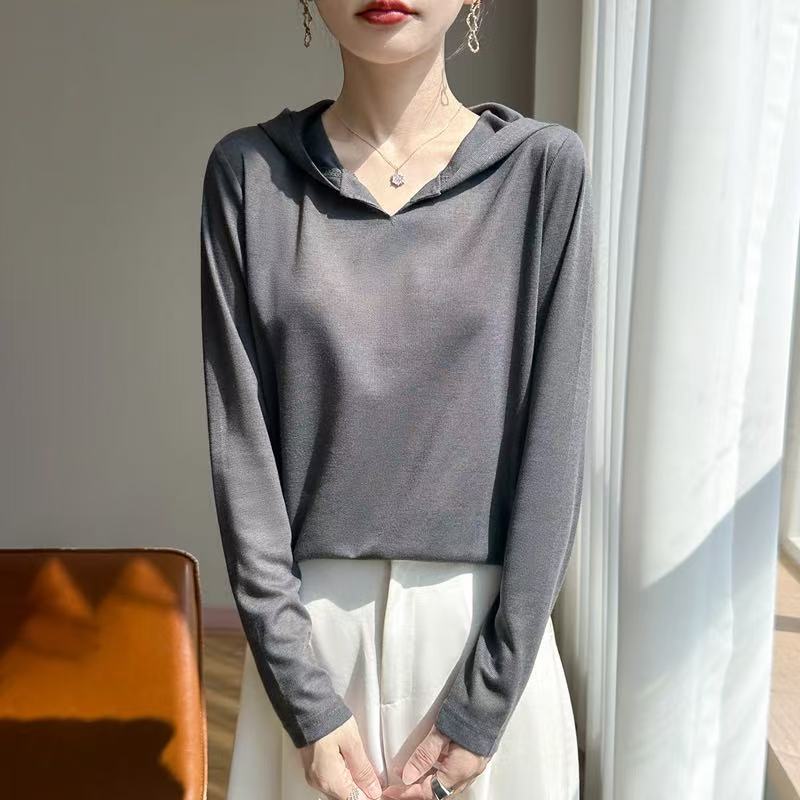 2026新款连帽打底衫女宽松显瘦遮肉减龄时尚洋气长袖t恤上衣女 灰色 y05 2XL (150-175)