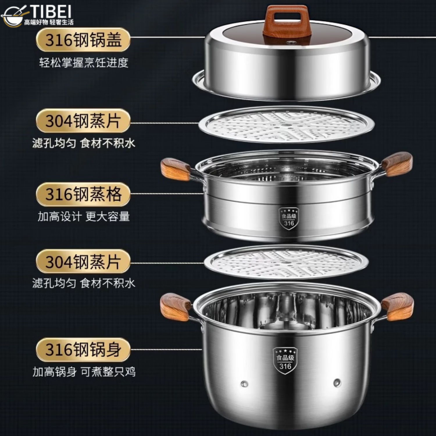 TIBEI食品级316L不锈钢蒸锅家用加厚德国品质蒸笼汤锅电磁炉燃气通用 316五层钢32cm双层蒸锅(木纹柄) 2层 32cm