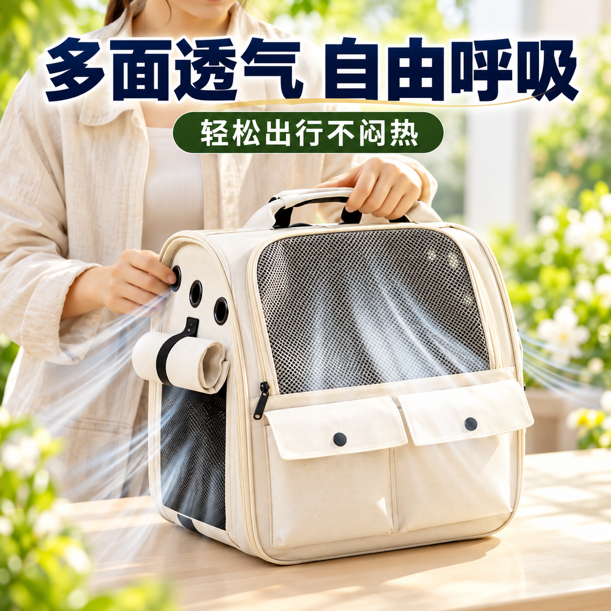 GERTHRON德国猫包外出便携包透气双肩书包四季通用立体大容量猫笼子外出包 米白色【升级侧开互动 防应激卷帘】双肩包 【全新升级第二代】适用18斤内猫咪 立体不塌