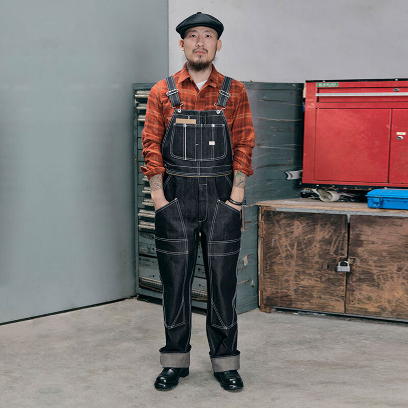 95oz赤耳原牛靛蓝泰龙拉链背带裤 13.