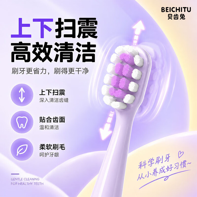 贝齿兔BEICHITU儿童电动牙刷3-9-12岁青少年专用智能牙刷定时软毛护龈充电款换牙期学生儿童生日礼物 可爱紫+4刷头【卡通屏】