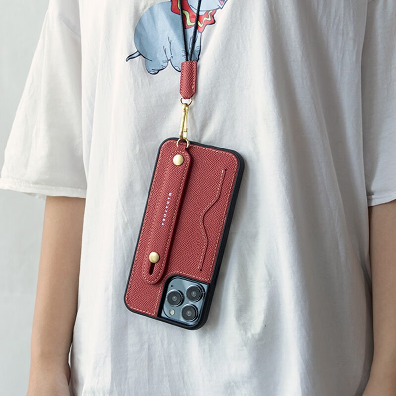 花虎(HANATORA)苹果14Promax手机壳真皮iPhone14Plus带支架带挂绳腕带男款插卡卡包全包防摔女生日式风格高级感 【牛油果绿+橙】配挂脖绳 iPhone14Pro Max(6.7寸)