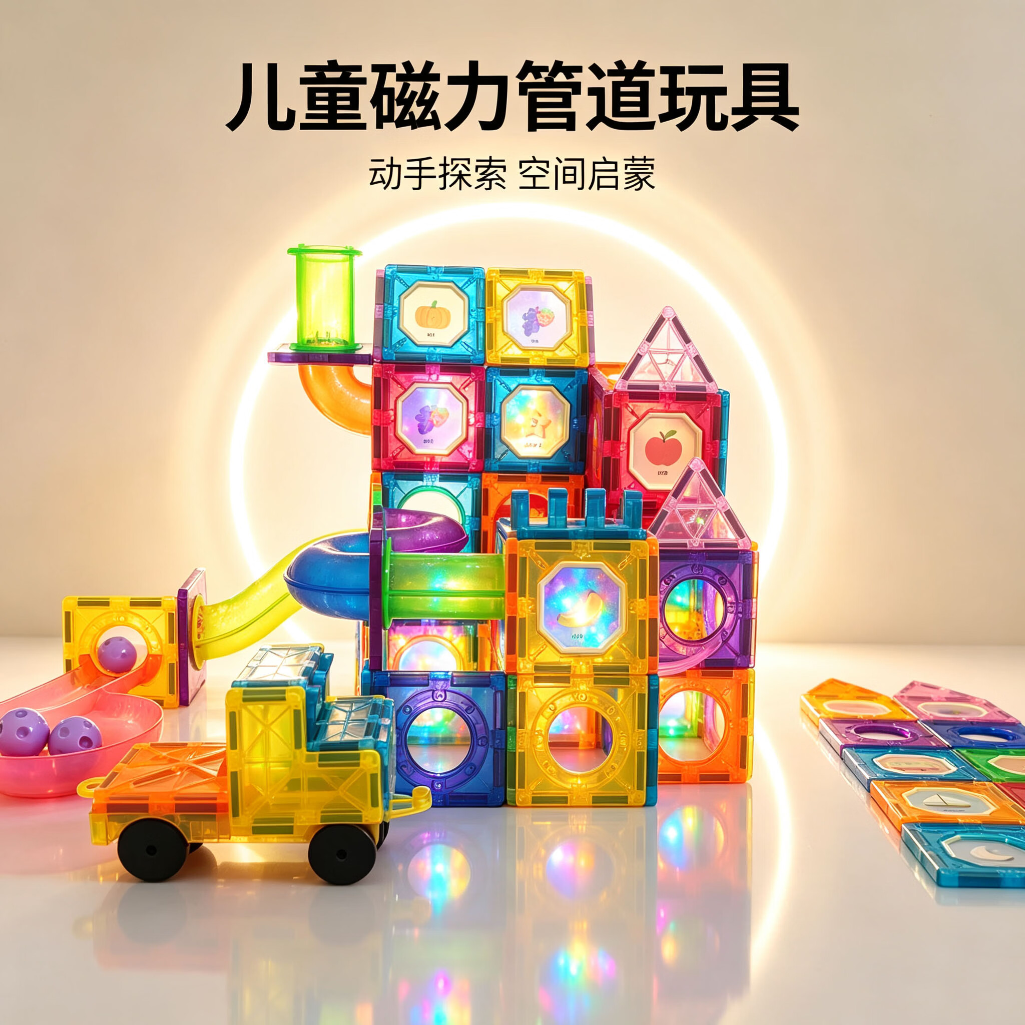 英贝娜儿童彩窗磁力片积木磁铁吸益智管轨道自由拼搭玩具男女孩生日礼物 7.5cm摩天轮磁力片52件套