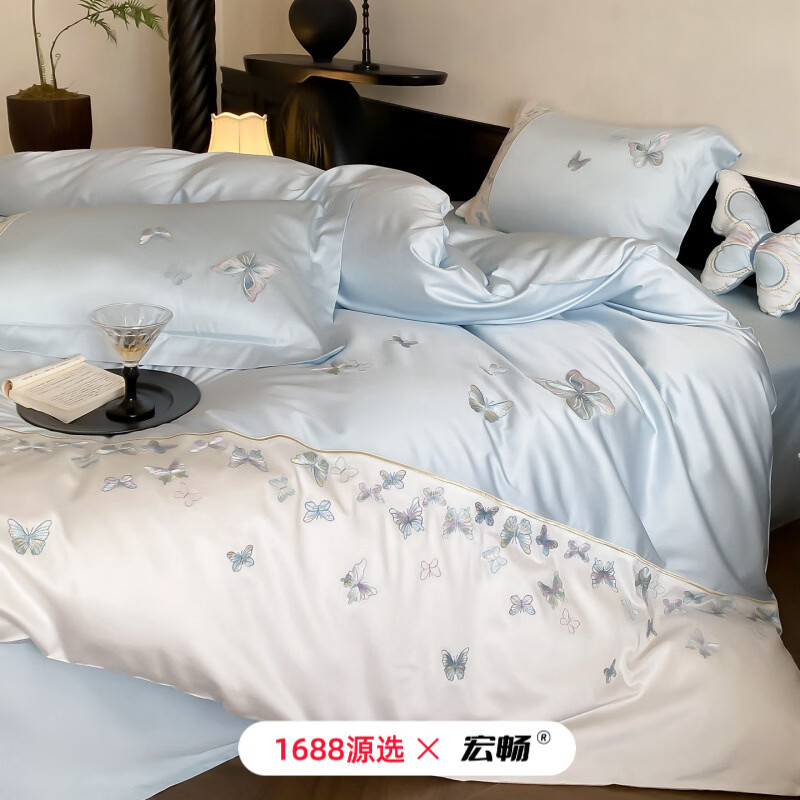 宏畅法式少女心高支高密长绒棉四件套轻奢风刺绣纯棉全棉贡缎四季套件 全棉玫瑰庄园-粉香槟 床单款 2.0m床-四件套被套220*24